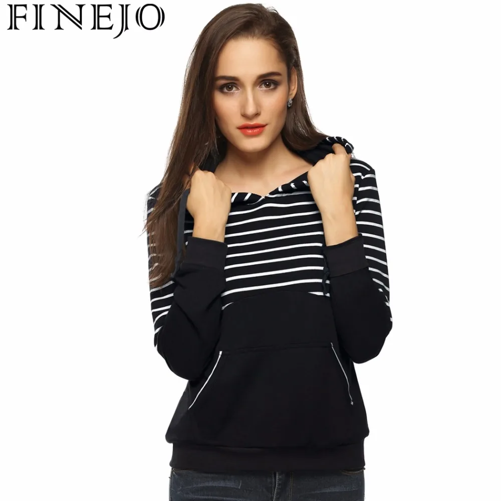 FINEJO Модные женские полосатые толстовки с капюшоном вязаные Лоскутные длинным