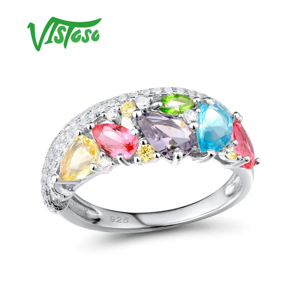 VISTOSO серебряные кольца для женщин многоцветные Драгоценные Камни кольцо с