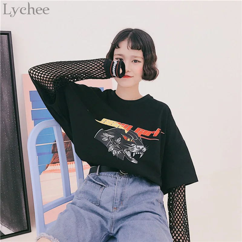 Lychee Harajuku панк Женская футболка сетка выдалбливают лоскутное письмо Леопардовый принт Повседневная футболка с длинным рукавом Футболка Топ