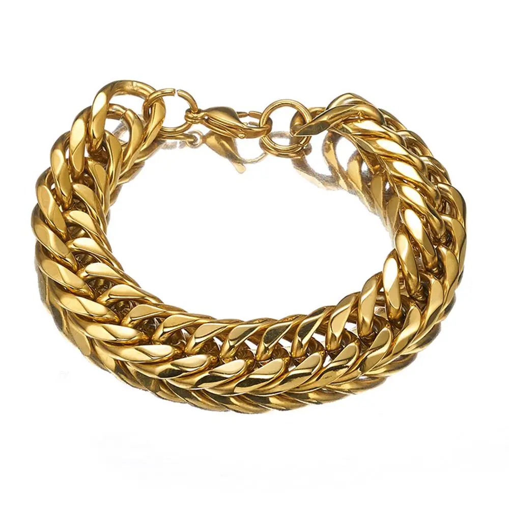 

16mm Gold Color Double Curb Cuban Link Chain For Men Biker Bracelet Jewelry 7-11 Inches Stainless Steel Fashion Bangle