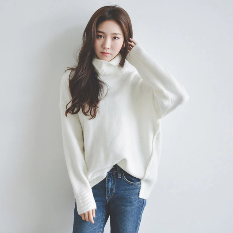 Водолазка Повседневный Белый свитер 2019 Женский пуловер в Корейском стиле