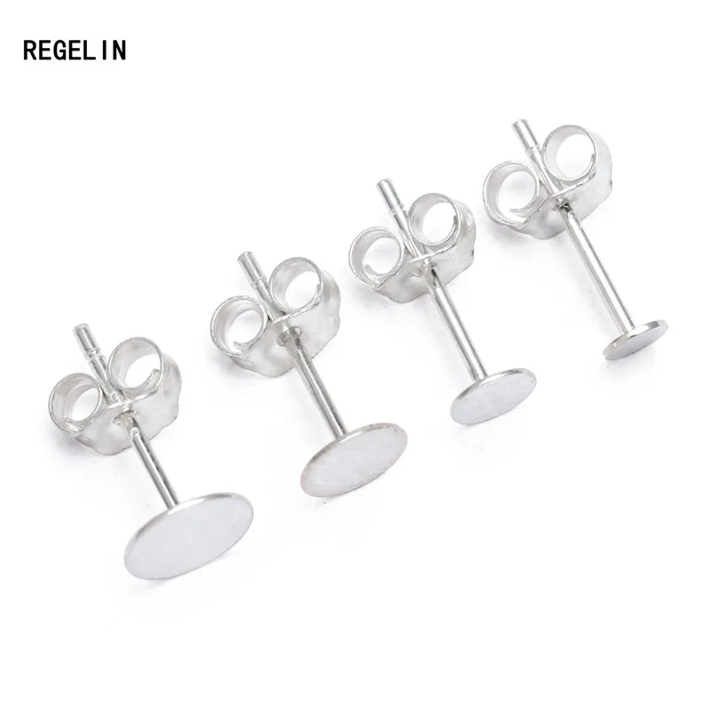 REGELIN 4pcs 925 Sterling Silver Earrings Settings Blank Round Base Cabochon Stud Ear Flat Posts Pure Plug | Украшения и