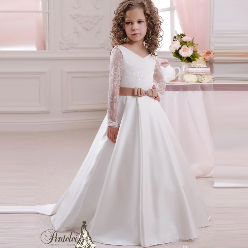 Милый Цветок Девочки Платья Для Свадеб V Шеи Иллюзия Кружева длинные Рукава Sequines