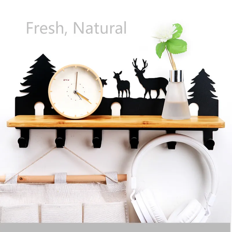 Creative Bamboo Plate Iron Wall Shelf 6/8 Row Hook Coat Hanger Door Hooks Wall Mounted Partition Shelf Deer Piano Swan for Decor