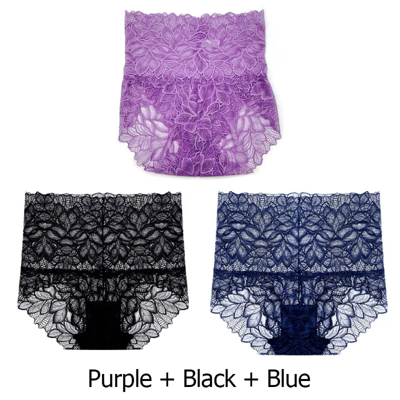 purple black blue 3 шт./партия, женские трусики, сексуальное нижнее белье, дышащие, с высокой талией, трусики для женщин, хлопок, промежность, женские кружевные трусики - Цвет: purple black blue