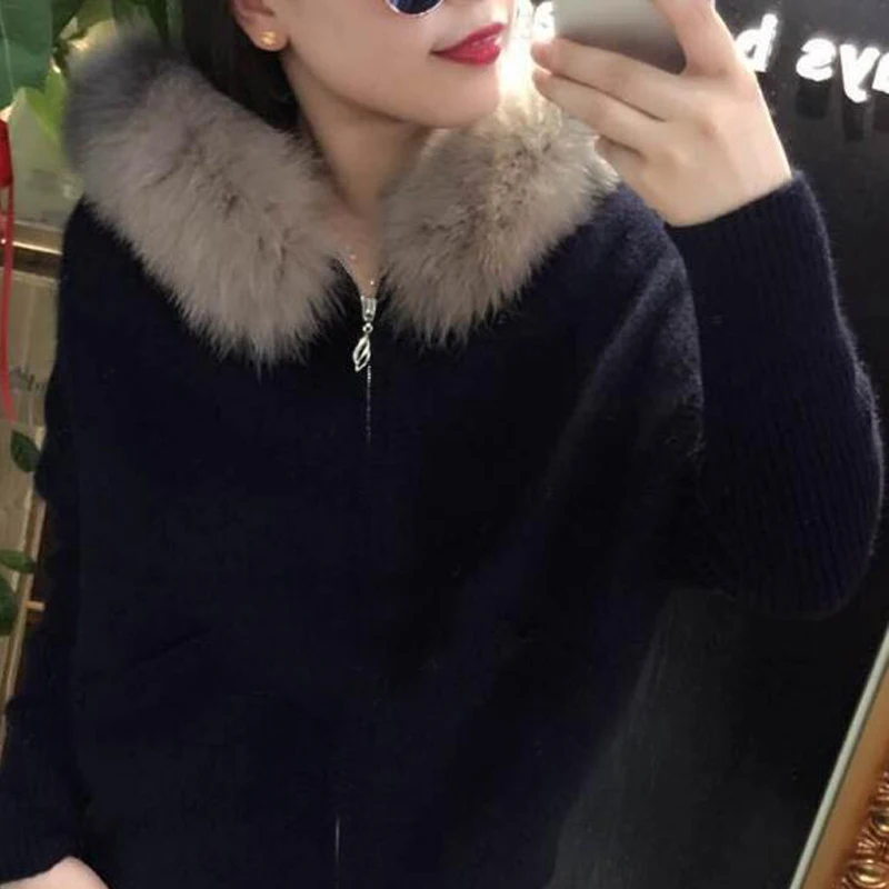 Женский кашемировый свитер кардиган на молнии с воротником из натурального меха