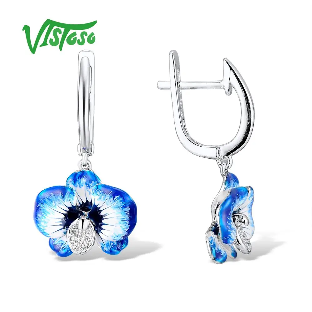 VISTOSO Ювелирные наборы для женщин белый кубический цирконий Синий цветок серьги