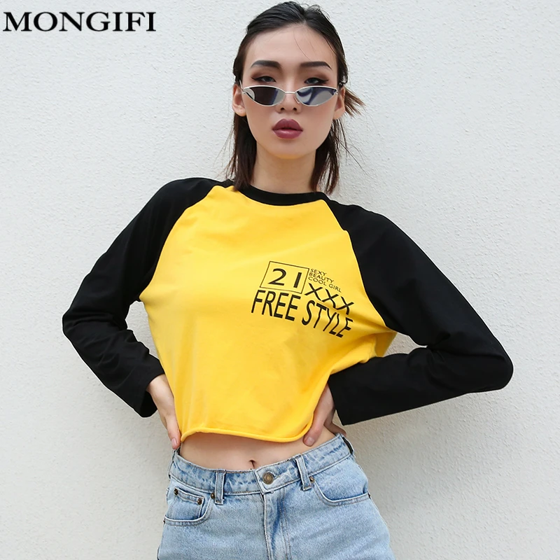 MONGIFI письмо хлопок Повседневная футболка Для женщин с длинными рукавами круглым