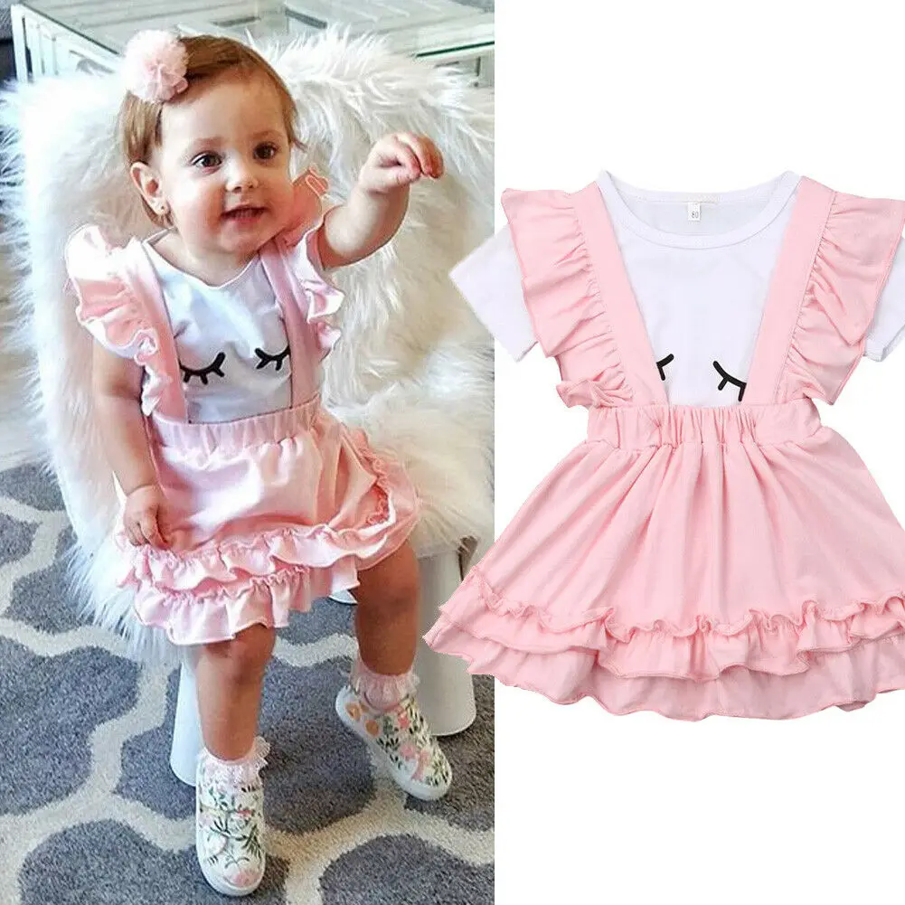 Cute Infant Baby Toddler Girl Clothes Sets Eyelash T-shirt Suspender Pink Dress Outfit |