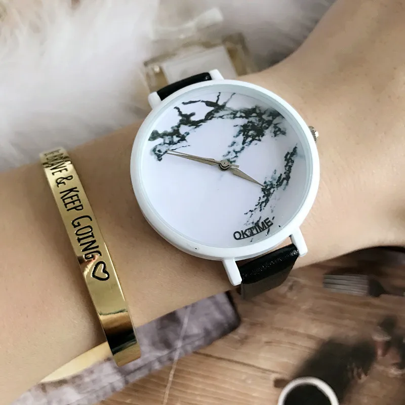 Новые брендовые Черные мраморные часы Laides женские наручные с кожаным ремешком