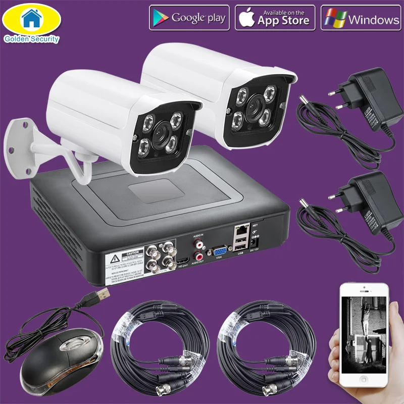 Золотая камера безопасности 4CH AHD 1080P DVR, система безопасности, 2 шт, Всепогодная цилиндрическая камера безопасности, CCTV, домашняя камера наблюдения, DVR комплект