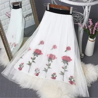 spring summer embroidered rose long tulle pleated skirts women elastic waist a line mesh skirts