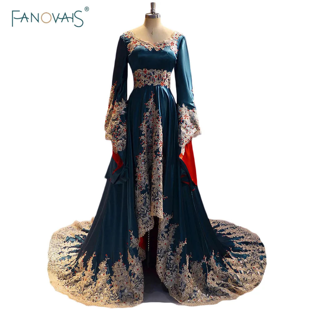 

2019 Arabic Evening Dresses Long Sleeve Beaded Applique Dubai Kaftan Muslim Dress Formal Evening Gown vestido de festa MED01