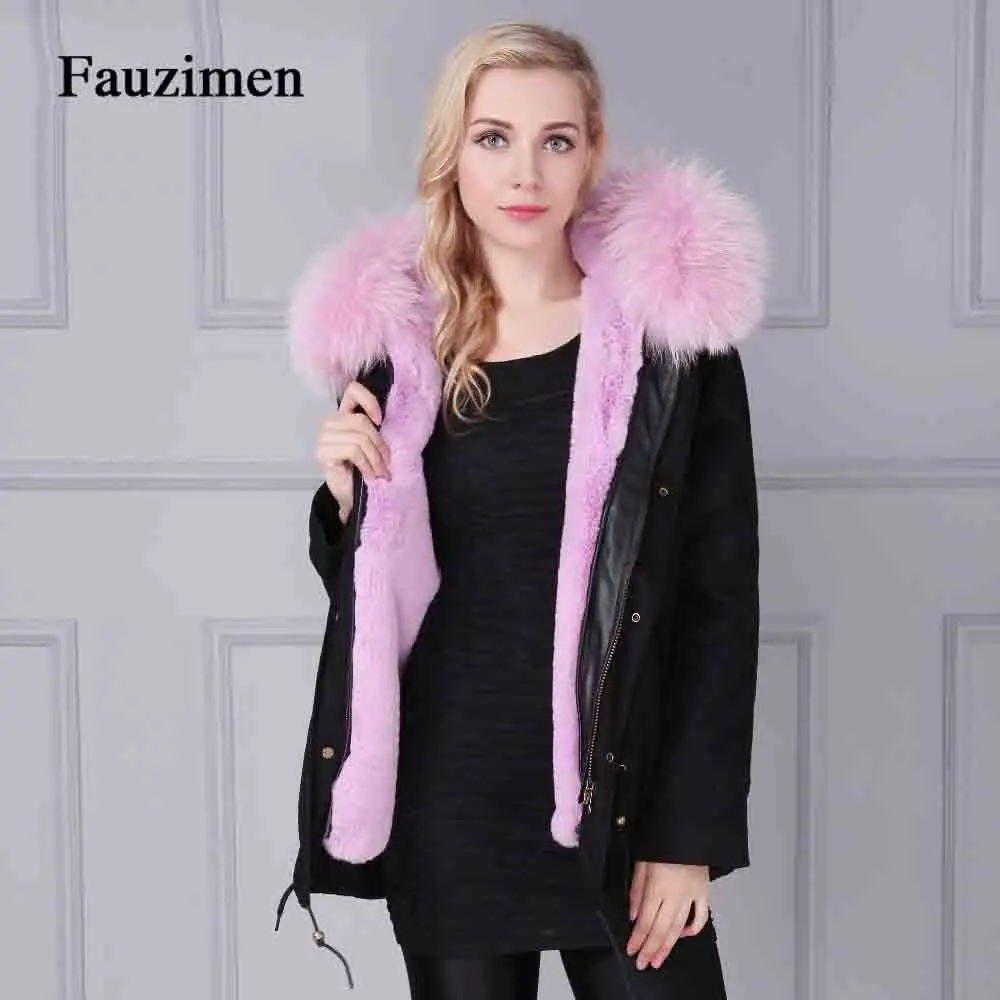 

Janefur warm thick fashion women luxurious Large raccoon fur collar hooded coat warm Fox fur liner parkas long winter jacket