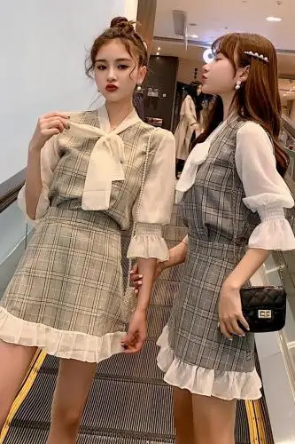 Женский винтажный комплект из 2 предметов летний клетчатый Костюм-двойка в