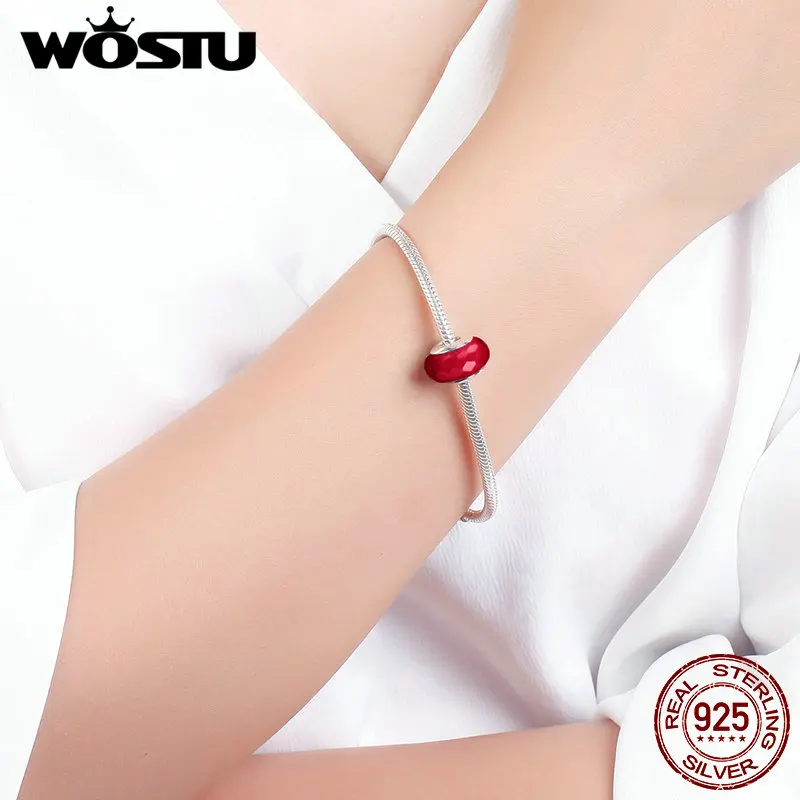 WOSTU, Новое поступление, настоящее 925 пробы, серебро, элегантные красные муранские стеклянные бусины, подходят к оригинальному WST браслету, сделай сам, ювелирное изделие CQZ036