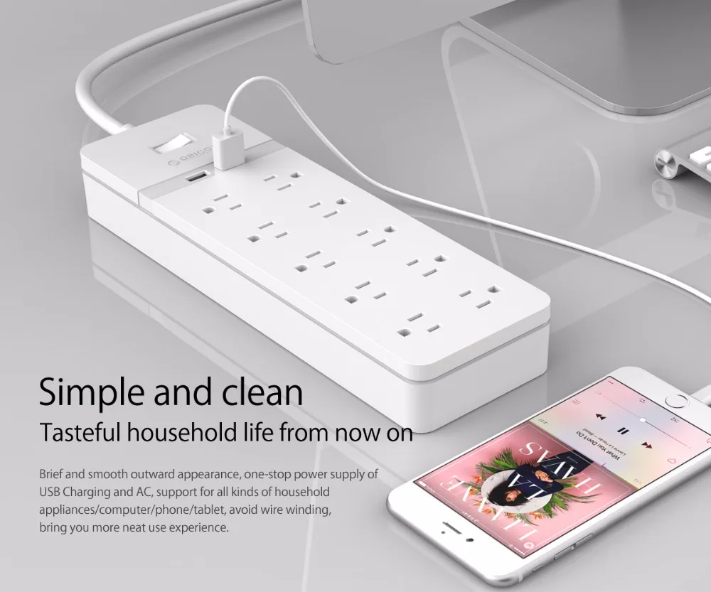 ORICO USB силовая Лента USB защита розетки от скачков напряжения 10 розеток переменного тока 2 порта usb для зарядки 5V2. 4A USB выход с 1,5 м шнуром питания
