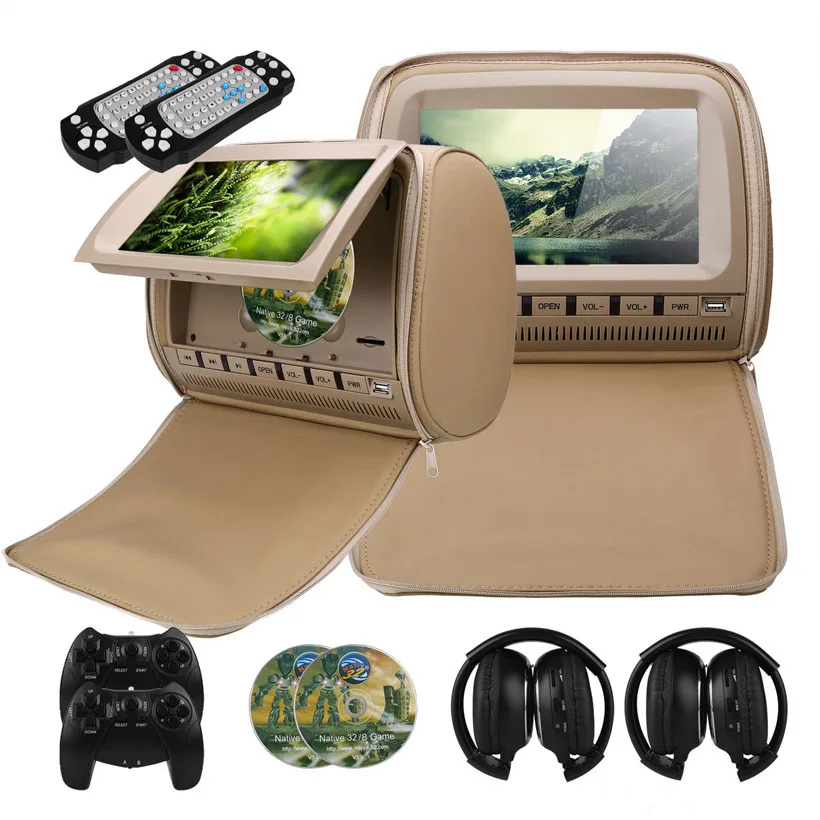 Beige With Headphone Cemicen 2 шт. 9 дюймов автокресло Экран DVD видео плеер 800x480 защитным чехлом на молнии на тонкопленочных транзисторах на тонкоплёночных транзисторах ЖК-дисплей Экран Поддержка MP5 ИК/FM/USB/SD/Динамик/игры - Цвет: Beige With Headphone