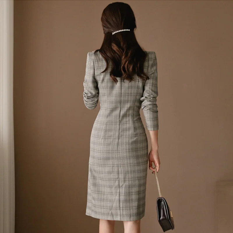 Notched Double Button Casual Dress Women Long Sleeve Asymmetrical Elegant Print Plaid Corset Bodycon Bandage Dresses | Женская одежда