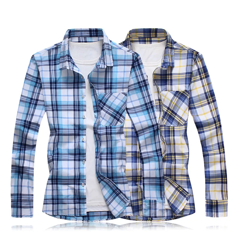 Рубашка мужская повседневная в клетку с длинным рукавом размеры до 7XL|casual shirts for