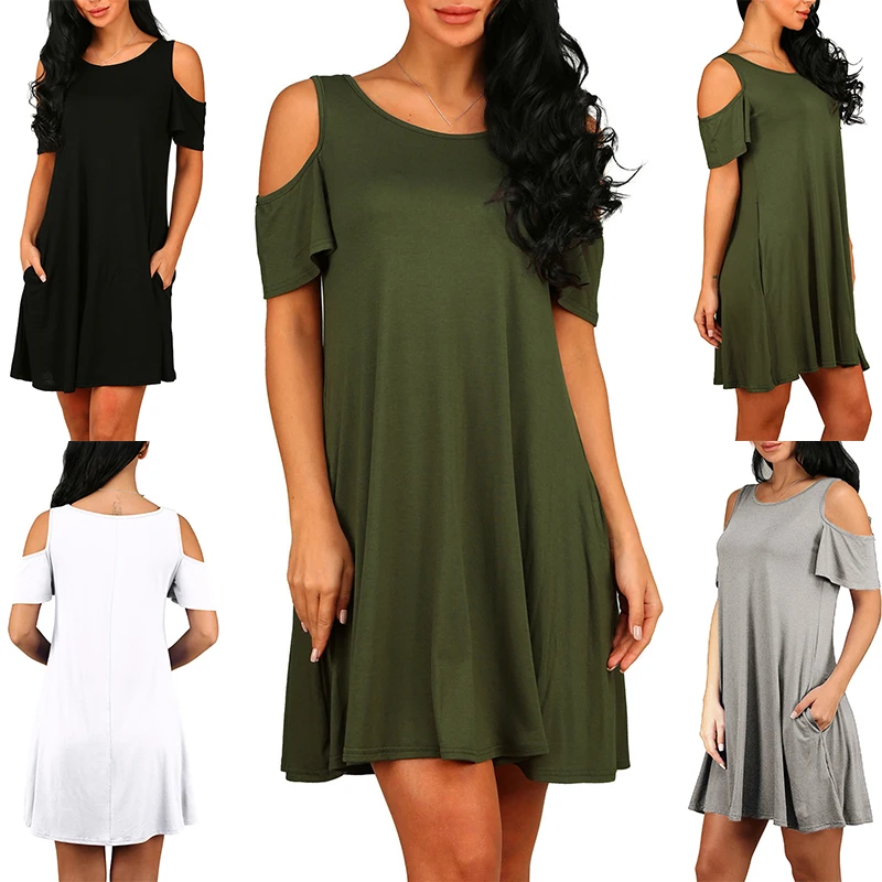 Женское платье футболка с открытыми плечами Летние повседневные топы короткими