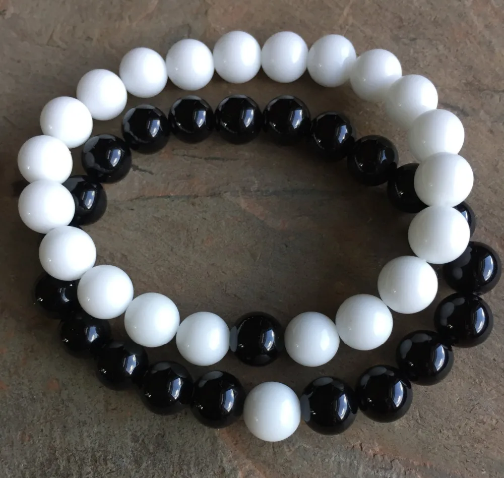 8mm Couples Bracelets Friendship &quotMissing Link&quot Black Onyx White AlabasterBracelet Natural Stone Beaded Elastic Bracelet Beads |