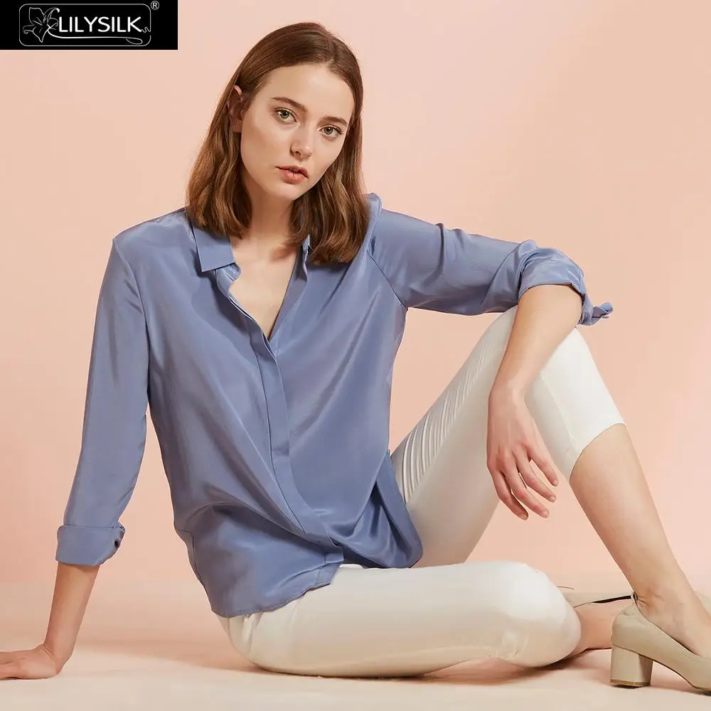 Dusty Blue LilySilk рубашка 100 шелковая блузка женская повседневная одежда универсальная - Цвет: Dusty Blue