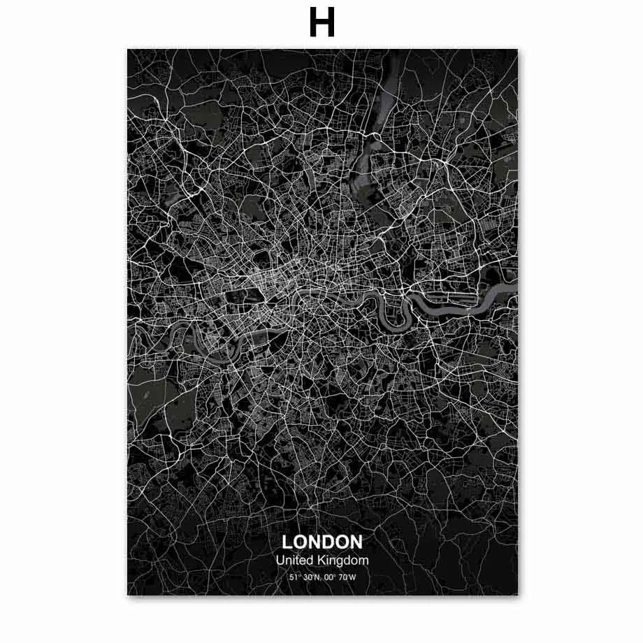H Нью-Йорк, Лондон, Дубай, США, Лос-Анжелес, карта стены, искусство, холст, живопись, скандинавские плакаты и принты, декоративные картины - Цвет: H