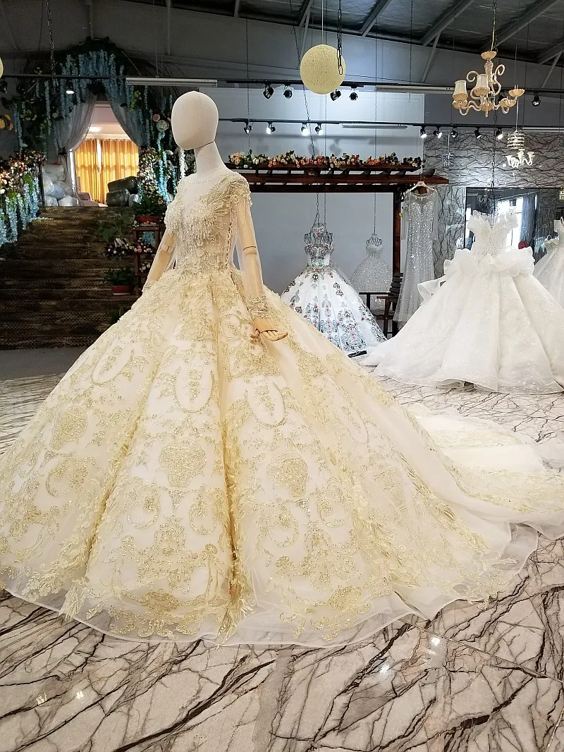 LS369470 Золотое кружевное блестящее свадебное платье Роскошные Длинные тюлевые