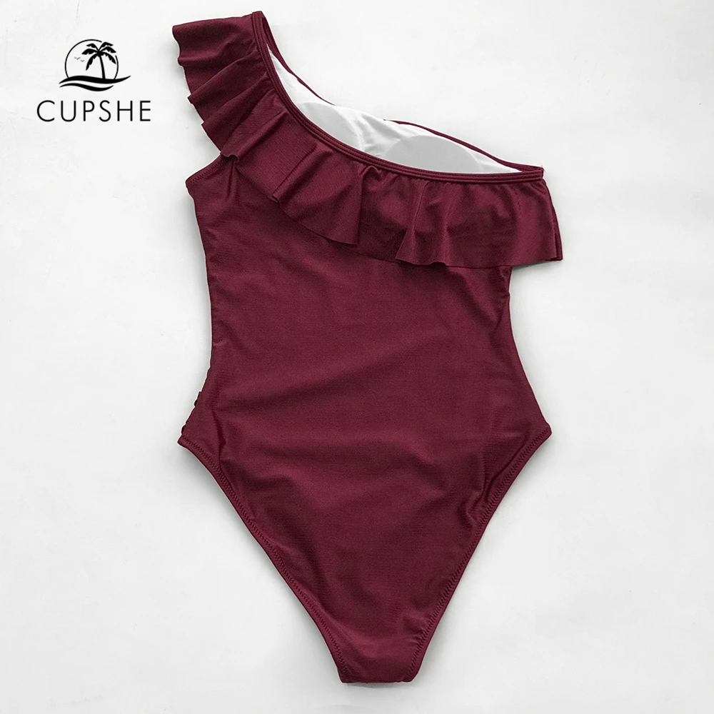 CUPSHE темно-синий цельный купальник на одно плечо женский однотонный с рюшами