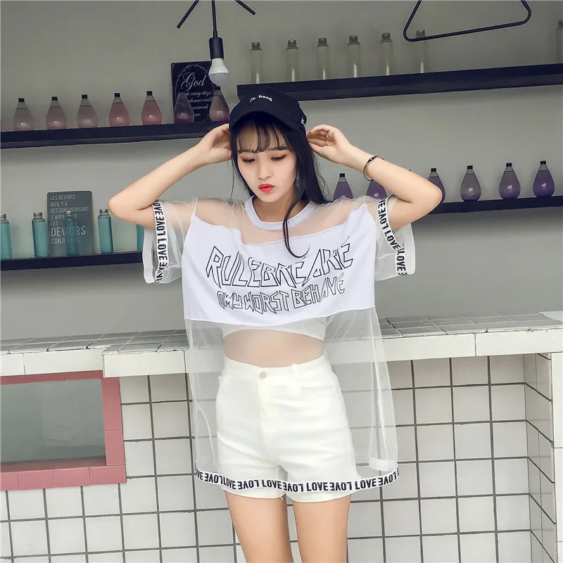 Camisetas Mujer летняя модная футболка Топ Женская одежда корейский стиль Harajuku сетчатая перспективная футболка женские свободные футболки