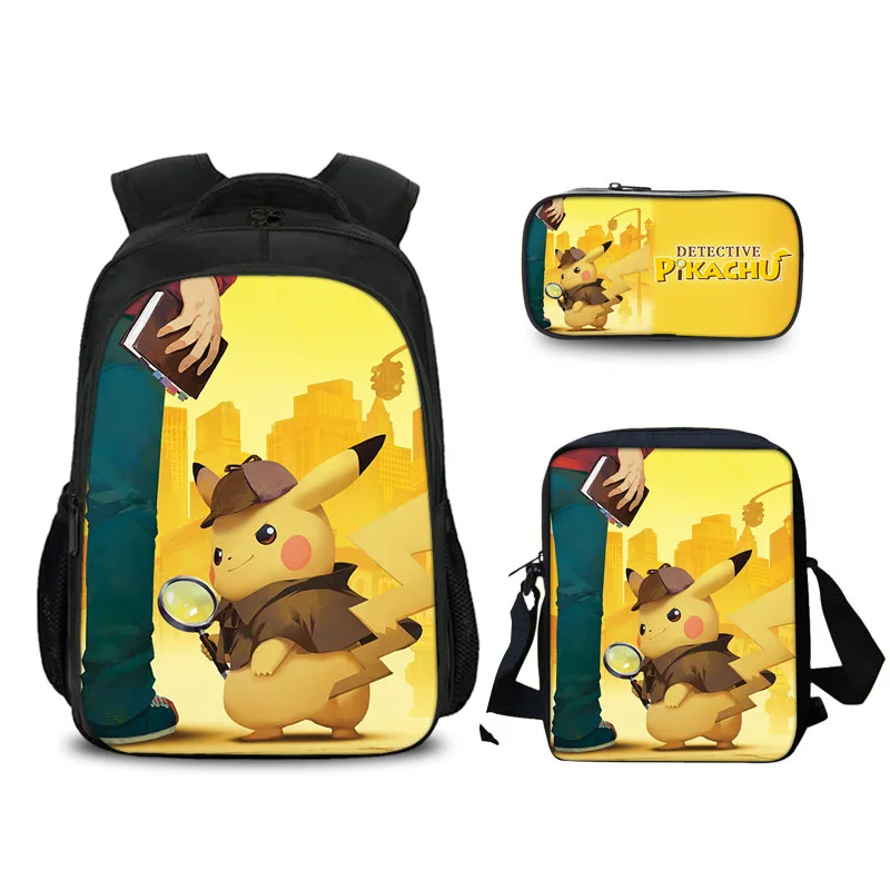 3 Pcs/set Cartoon Pokemon School Bags For Kids Detective Pikachu Anime Pattern School Backpack For Teen Boys Girls Curel Fancl