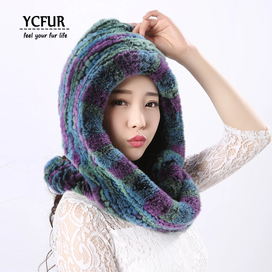 

YCFUR Women Hats Scarves Winter Knit Rex Rabbit Fur Hat Scarf Female Fur Neck Warmer Scarves For Women