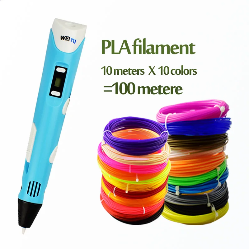 Blue and 100m weiyu, 3d Ручка, 3d печать, ручка для рисования, сделай сам, 3 d принтер, ручки с 10 цветами, 20 цветов, s, 100/200 метра, pla пластик, для детей, подарок - Цвет: Blue and 100m