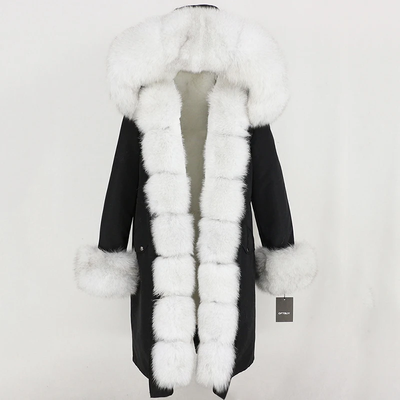 black white Зимняя куртка женская X-long Parka непромокаемая Верхняя одежда натуральный мех пальто натуральный Лисий Мех капюшон Роскошная Верхняя одежда Съемная бренд - Цвет: black white