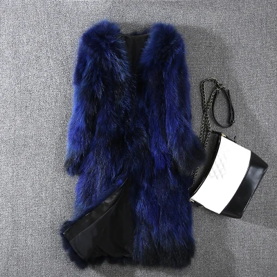 sapphire blue Новое пальто из натурального меха енота Женская куртка из меха енота зимнее очень длинное и толстое меховое пальто 100 см Длина размера плюс F1005 - Цвет: sapphire blue