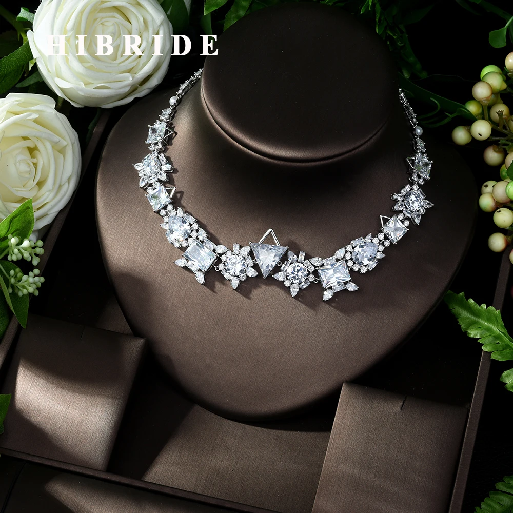 

HIBRIDE Wedding Bridal Jewelry Necklace White Gold-Color Luxury Sparkling AAA Cubic Zirconia Women Wedding Accessories N-1009