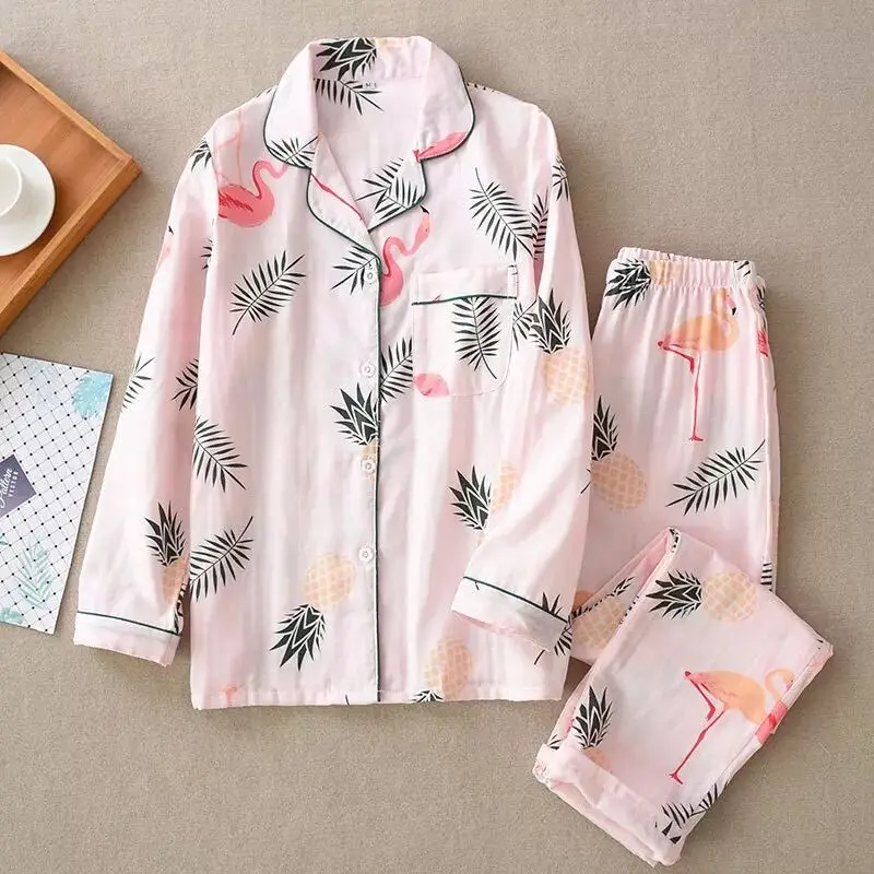 Pink Хлопок, марля, тонкий фламинго, Женский пижамный комплект, свободная одежда для отдыха, одежда для сна с героями мультфильмов, осенние пижамы размера плюс - Цвет: Pink