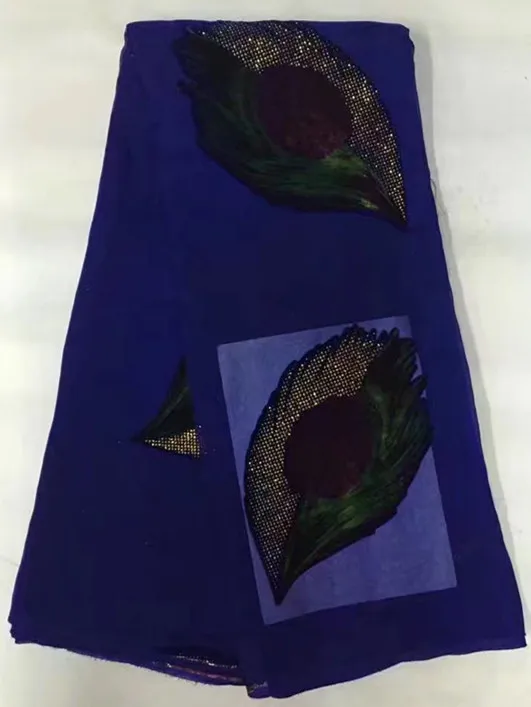 Африканская бархат кружевной ткани в темно-синий с зеленый лист шаблон 5 ярдов/шт