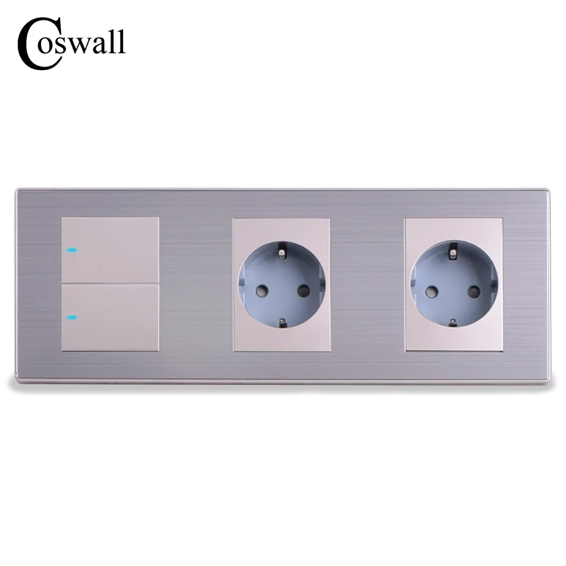Coswall 16А стандарт ЕС настенная двойная розетка+ 2 комплекта 1 позиционный светильник с Светодиодный индикатор панель из нержавеющей стали 236*86 мм