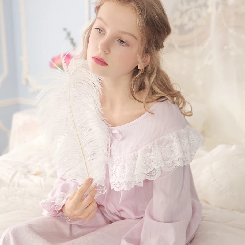 Free Shipping 100% Cotton Princess Nightdress Royal Nightgowns Women's Long Pijamas Purple and Pink Sleepwear Girl Home Cloth | Женская