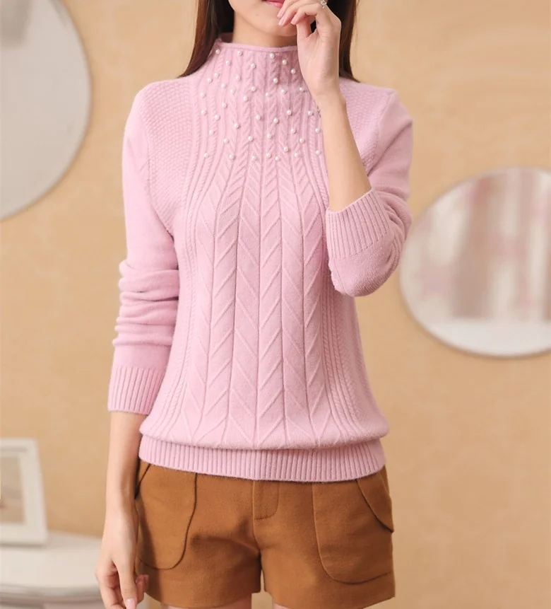 OHCLOTHING The 2021 women's new nail bead semi turtleneck core spun yarn knitted sweater | Женская одежда