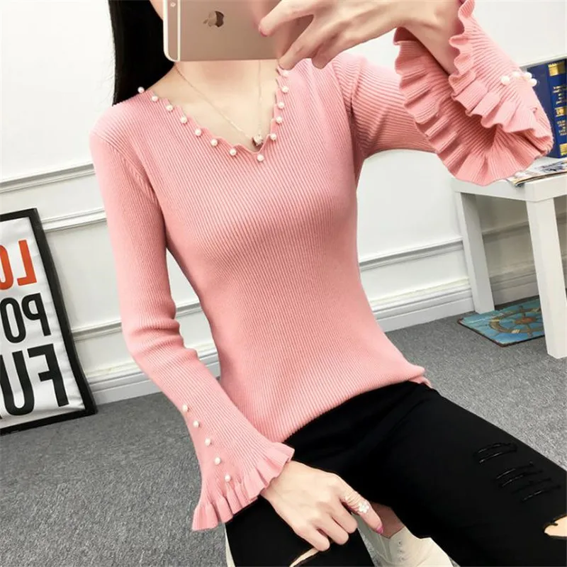 Pearls Beading Knitted Sweaters 2018 New Autumn Winter Women Slim V-Neck Flare Sleeve Cute Pullovers Female Tops 8 Colors D415 | Женская