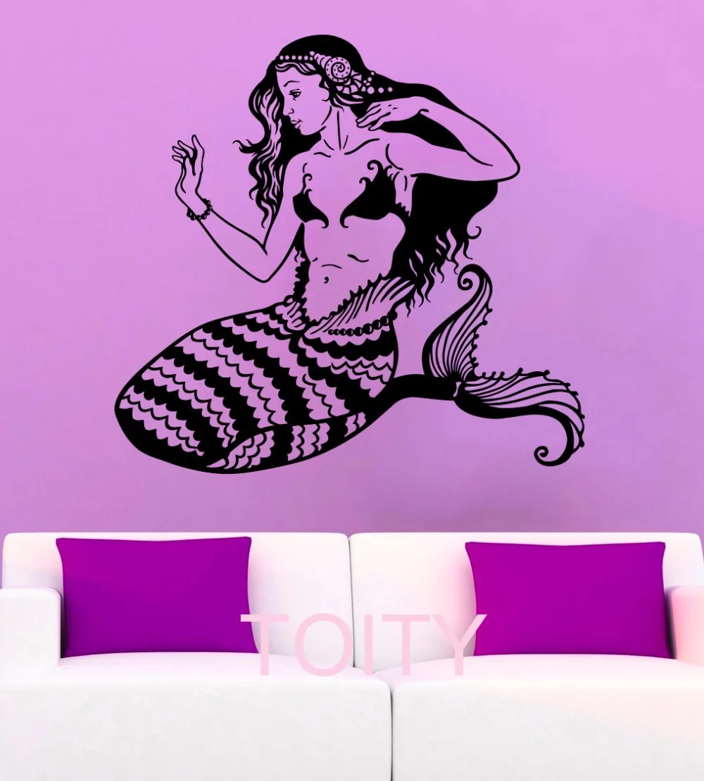 

Черная наклейка на стену, креативная наклейка с изображением русалки, для оформления детской комнаты, Съемный Виниловый переводной рисунок...