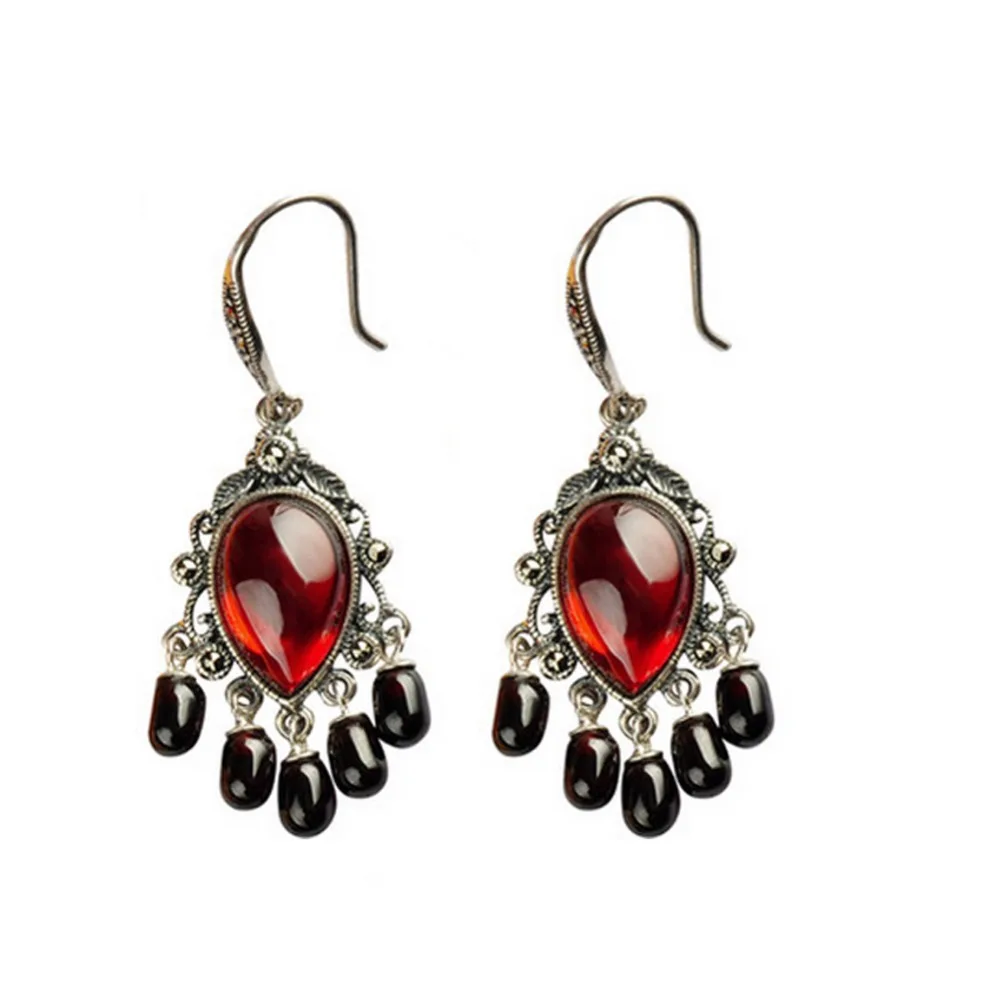 Винтажные серьги подвески с нефритовым ангелом серебро 925 пробы красный гранат