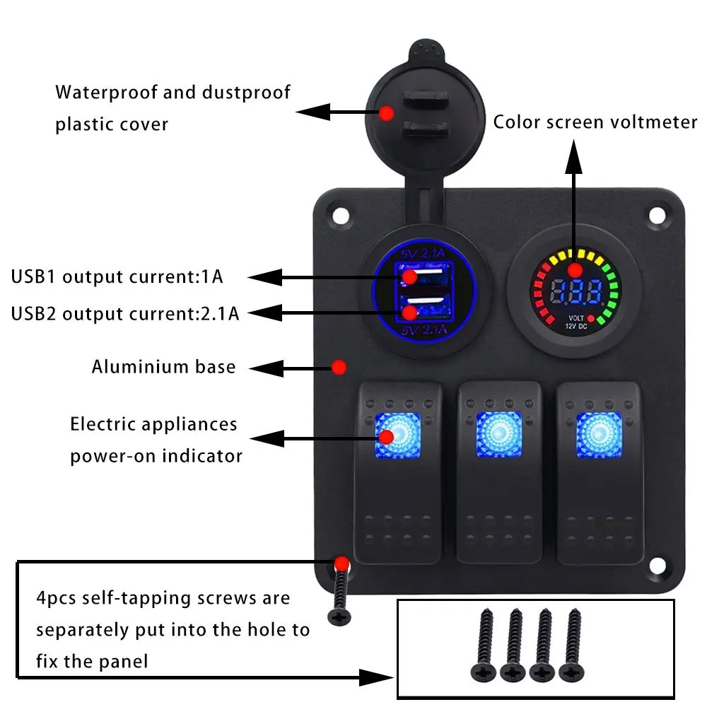 Прочный 3-контактный переключатель Панель Dual USB Зарядное устройство 12 В Цвет
