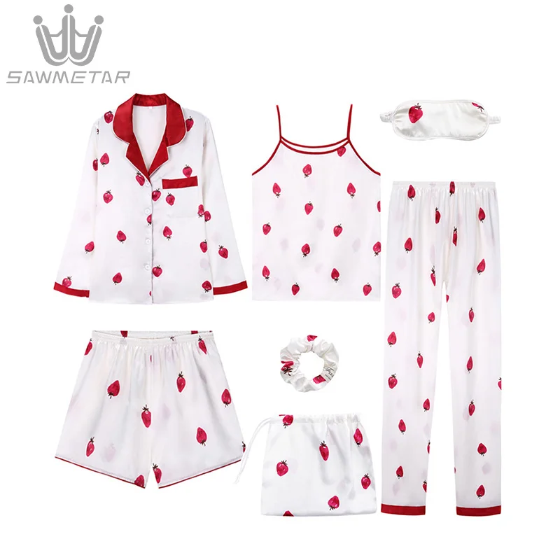 Women's 7 Pieces Pajamas Sets Emulation Silk Pijama Print Pyjamas Women Turn-Down Collar Sleepwear Spring Summer Homewear