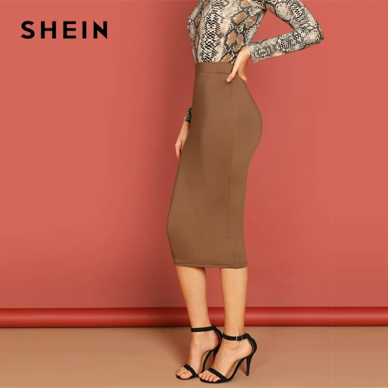 SHEIN Одноцветная Облегающая Юбка Женская Коричневая Весенняя Элегантная Юбка-Карандаш