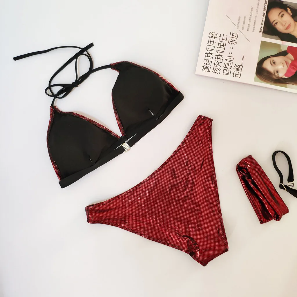 SAGACE комплект бикини Глянцевая материал Купальник Глубокий V стринги купальники