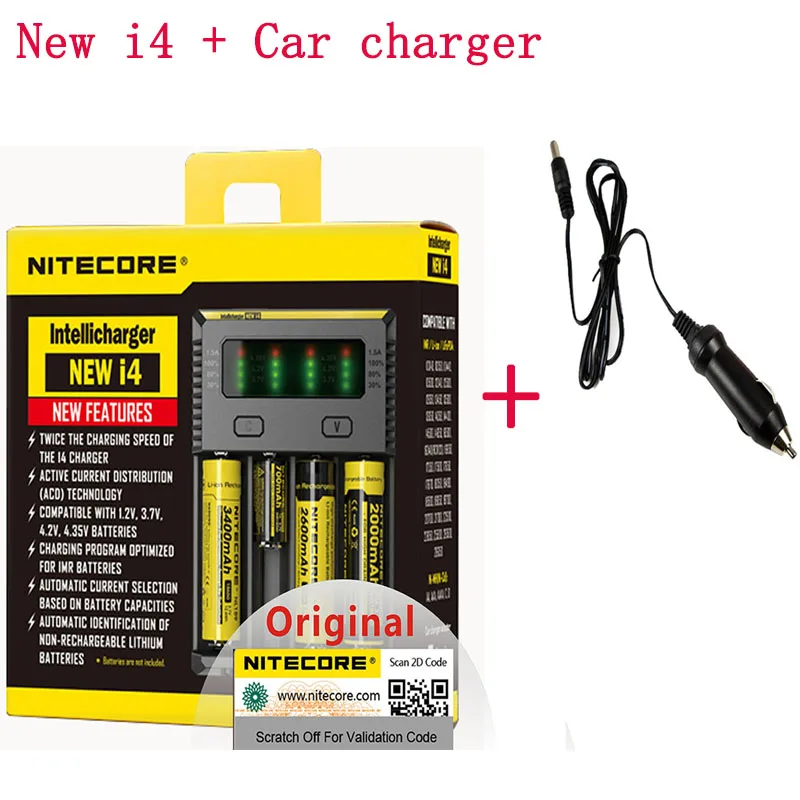 Nitecore D4 D2 I4 I2 Digi зарядное устройство lcd интеллектуальное Li-Ion AA AAA 18650 14500 16340 26650 быстрое зарядное устройство H15 - Цвет: i4 and car charger